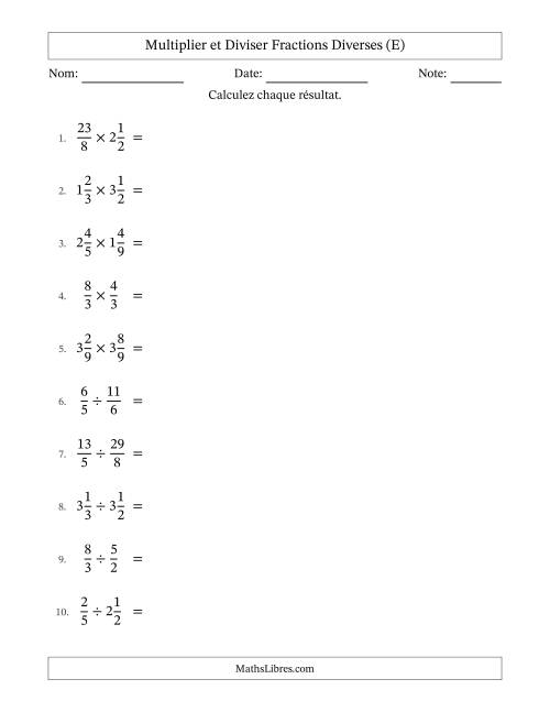Multiplier et diviser fractions propres, impropres et mixtes, et sans simplification (E)