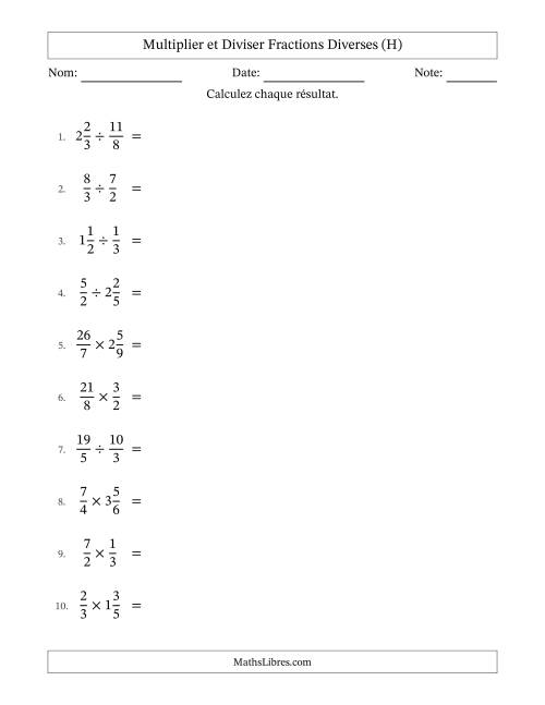 Multiplier et diviser fractions propres, impropres et mixtes, et sans simplification (H)