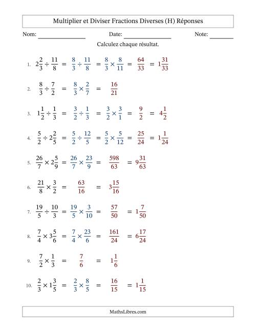 Multiplier et diviser fractions propres, impropres et mixtes, et sans simplification (H) page 2