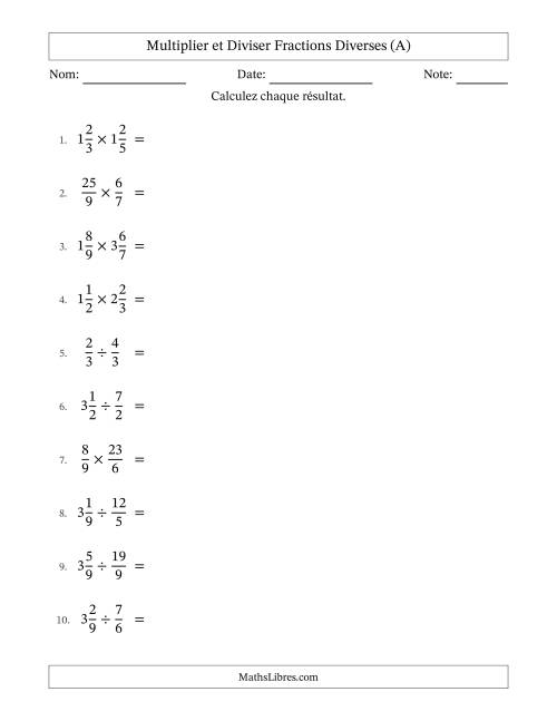 Multiplier et diviser fractions propres, impropres et mixtes, et avec simplification dans tous les problèmes (A)