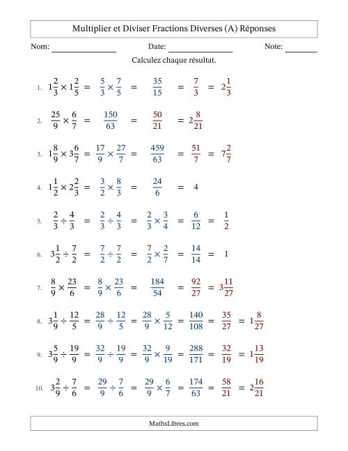Multiplier et diviser fractions propres, impropres et mixtes, et avec simplification dans tous les problèmes (A) page 2