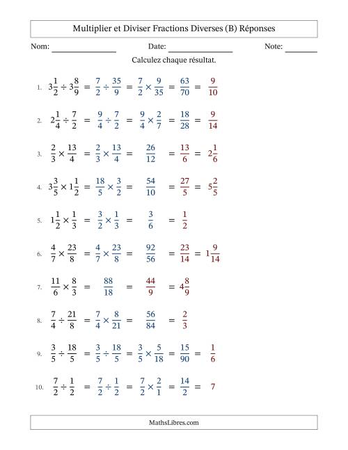 Multiplier et diviser fractions propres, impropres et mixtes, et avec simplification dans tous les problèmes (B) page 2