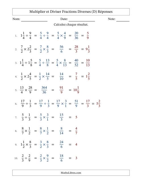 Multiplier et diviser fractions propres, impropres et mixtes, et avec simplification dans tous les problèmes (D) page 2