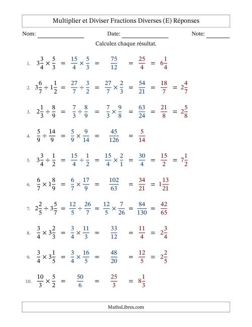 Multiplier et diviser fractions propres, impropres et mixtes, et avec simplification dans tous les problèmes (E) page 2