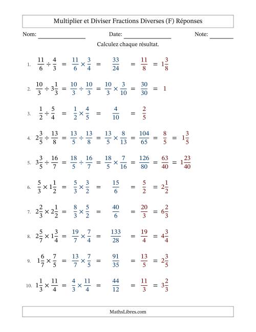 Multiplier et diviser fractions propres, impropres et mixtes, et avec simplification dans tous les problèmes (F) page 2
