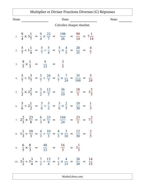 Multiplier et diviser fractions propres, impropres et mixtes, et avec simplification dans tous les problèmes (G) page 2