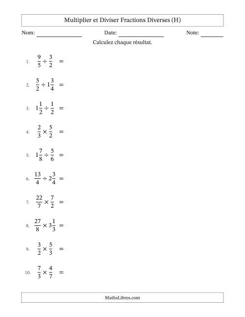 Multiplier et diviser fractions propres, impropres et mixtes, et avec simplification dans tous les problèmes (H)