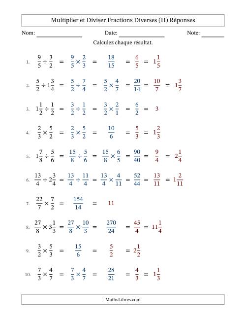 Multiplier et diviser fractions propres, impropres et mixtes, et avec simplification dans tous les problèmes (H) page 2
