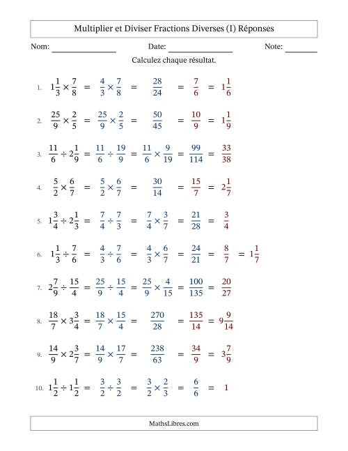 Multiplier et diviser fractions propres, impropres et mixtes, et avec simplification dans tous les problèmes (I) page 2