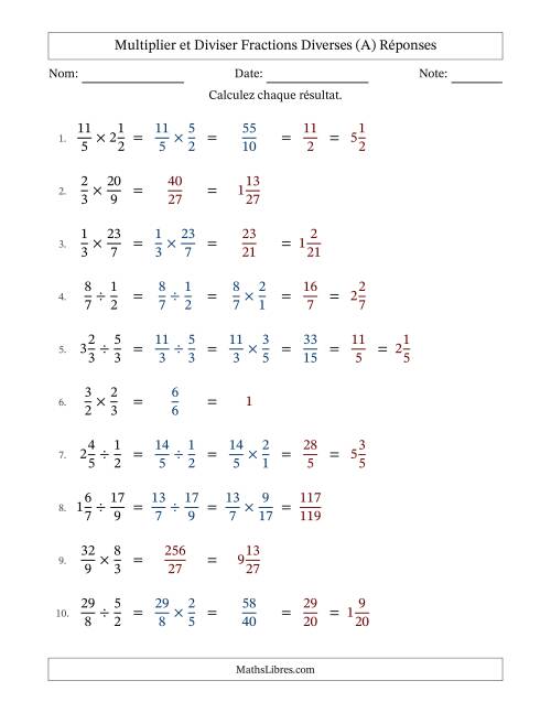 Multiplier et diviser fractions propres, impropres et mixtes, et avec simplification dans quelques problèmes (A) page 2