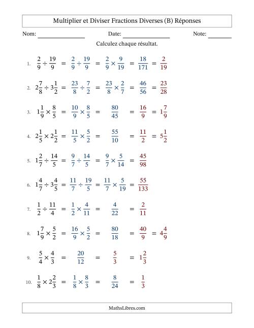 Multiplier et diviser fractions propres, impropres et mixtes, et avec simplification dans quelques problèmes (B) page 2