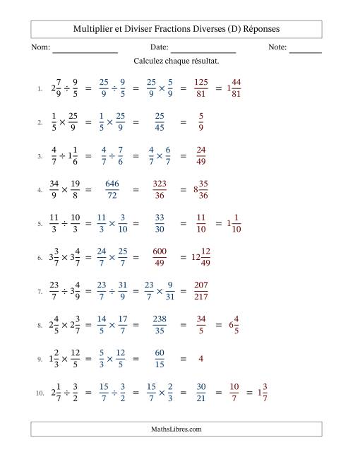 Multiplier et diviser fractions propres, impropres et mixtes, et avec simplification dans quelques problèmes (D) page 2