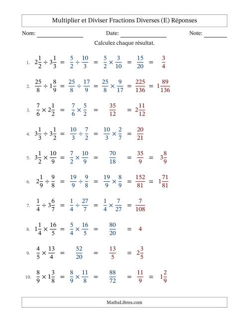Multiplier et diviser fractions propres, impropres et mixtes, et avec simplification dans quelques problèmes (E) page 2