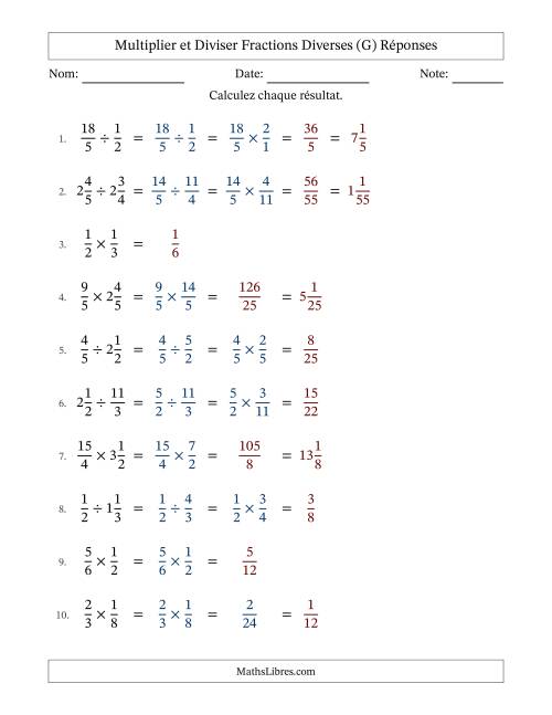 Multiplier et diviser fractions propres, impropres et mixtes, et avec simplification dans quelques problèmes (G) page 2