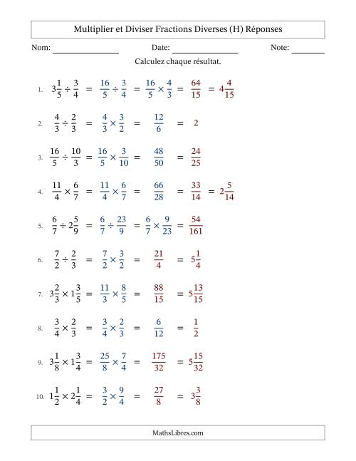 Multiplier et diviser fractions propres, impropres et mixtes, et avec simplification dans quelques problèmes (H) page 2