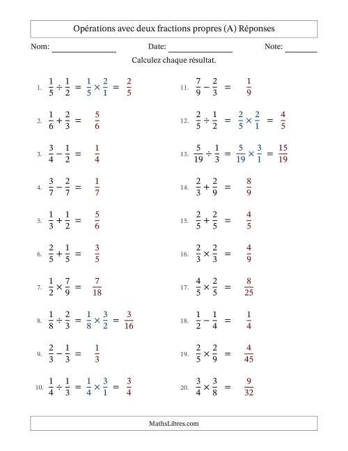 Opérations avec deux fractions propres avec dénominateurs égals, résultats sous fractions propres et sans simplification (A) page 2