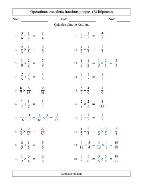 Opérations avec deux fractions propres avec dénominateurs égals, résultats sous fractions propres et sans simplification (B) page 2