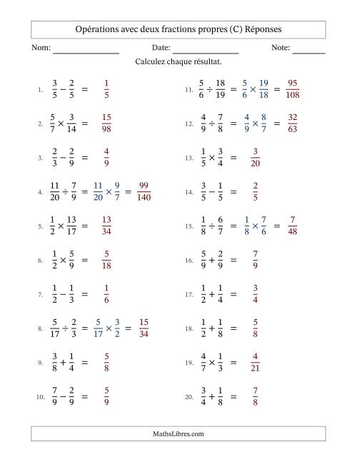 Opérations avec deux fractions propres avec dénominateurs égals, résultats sous fractions propres et sans simplification (C) page 2