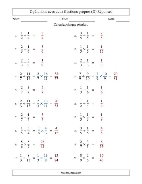 Opérations avec deux fractions propres avec dénominateurs égals, résultats sous fractions propres et sans simplification (D) page 2