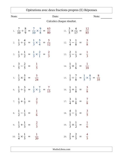 Opérations avec deux fractions propres avec dénominateurs égals, résultats sous fractions propres et sans simplification (E) page 2