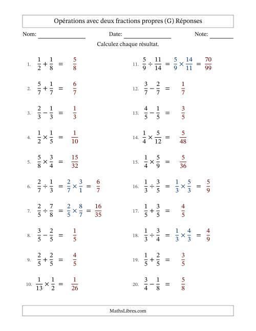 Opérations avec deux fractions propres avec dénominateurs égals, résultats sous fractions propres et sans simplification (G) page 2