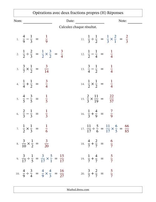 Opérations avec deux fractions propres avec dénominateurs égals, résultats sous fractions propres et sans simplification (H) page 2