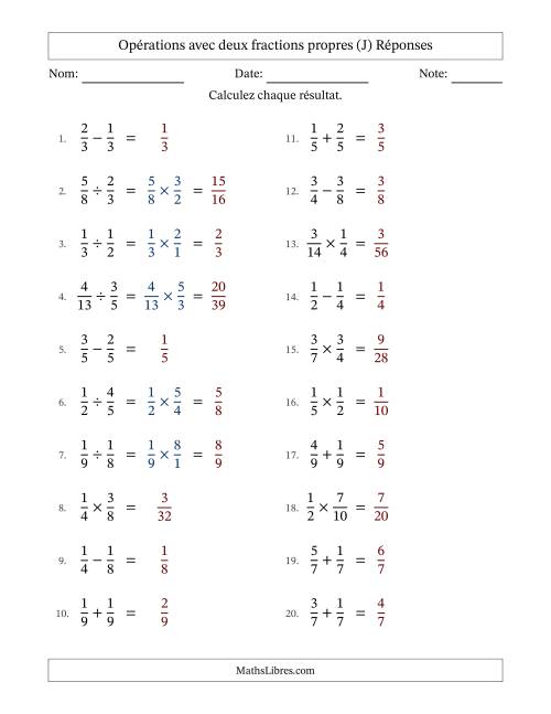 Opérations avec deux fractions propres avec dénominateurs égals, résultats sous fractions propres et sans simplification (J) page 2
