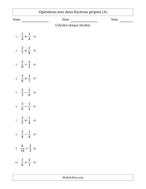 Opérations avec deux fractions propres avec dénominateurs égals, résultats sous fractions propres et simplification dans tous les problèmes (A)