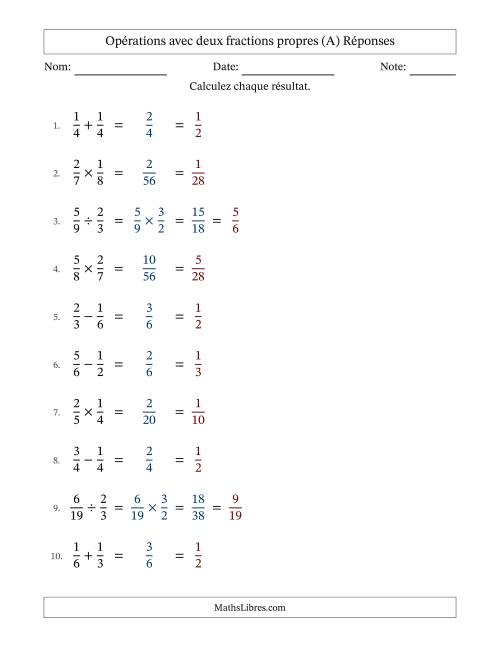 Opérations avec deux fractions propres avec dénominateurs égals, résultats sous fractions propres et simplification dans tous les problèmes (A) page 2