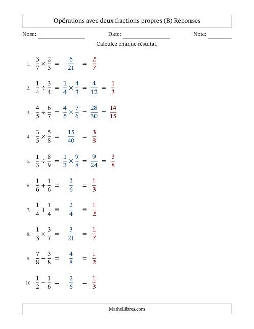 Opérations avec deux fractions propres avec dénominateurs égals, résultats sous fractions propres et simplification dans tous les problèmes (B) page 2