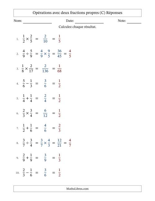 Opérations avec deux fractions propres avec dénominateurs égals, résultats sous fractions propres et simplification dans tous les problèmes (C) page 2