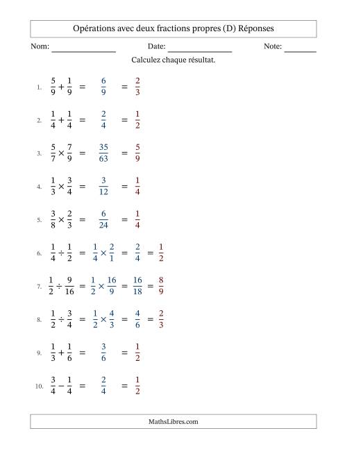 Opérations avec deux fractions propres avec dénominateurs égals, résultats sous fractions propres et simplification dans tous les problèmes (D) page 2