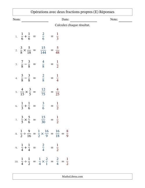 Opérations avec deux fractions propres avec dénominateurs égals, résultats sous fractions propres et simplification dans tous les problèmes (E) page 2