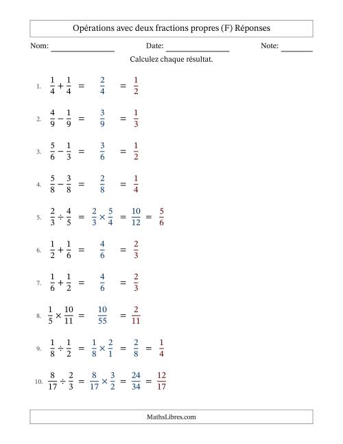 Opérations avec deux fractions propres avec dénominateurs égals, résultats sous fractions propres et simplification dans tous les problèmes (F) page 2