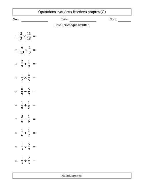 Opérations avec deux fractions propres avec dénominateurs égals, résultats sous fractions propres et simplification dans tous les problèmes (G)