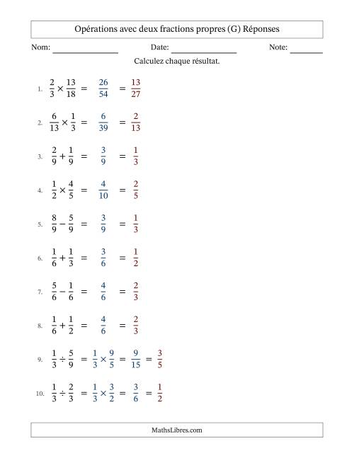 Opérations avec deux fractions propres avec dénominateurs égals, résultats sous fractions propres et simplification dans tous les problèmes (G) page 2