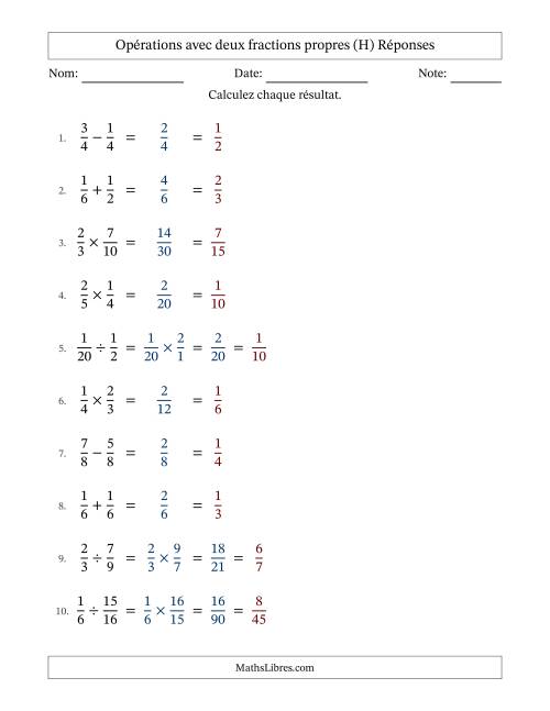 Opérations avec deux fractions propres avec dénominateurs égals, résultats sous fractions propres et simplification dans tous les problèmes (H) page 2