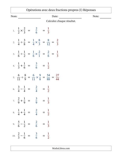 Opérations avec deux fractions propres avec dénominateurs égals, résultats sous fractions propres et simplification dans tous les problèmes (I) page 2