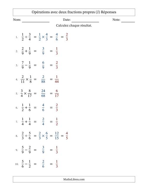 Opérations avec deux fractions propres avec dénominateurs égals, résultats sous fractions propres et simplification dans tous les problèmes (J) page 2