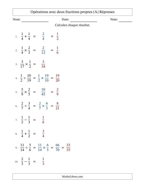 Opérations avec deux fractions propres avec dénominateurs égals, résultats sous fractions propres et quelque simplification (A) page 2