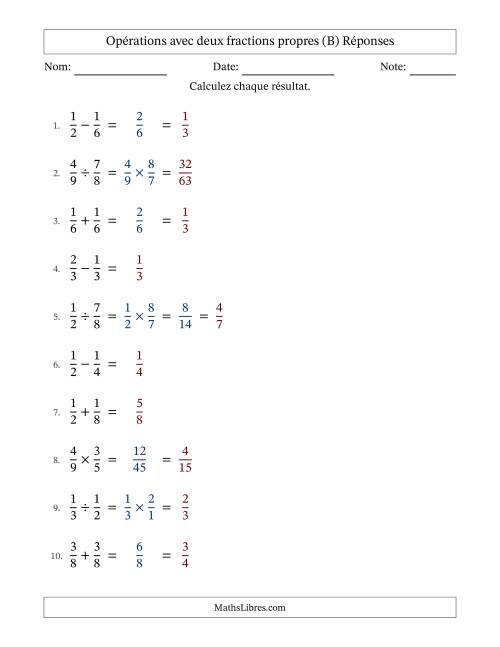 Opérations avec deux fractions propres avec dénominateurs égals, résultats sous fractions propres et quelque simplification (B) page 2