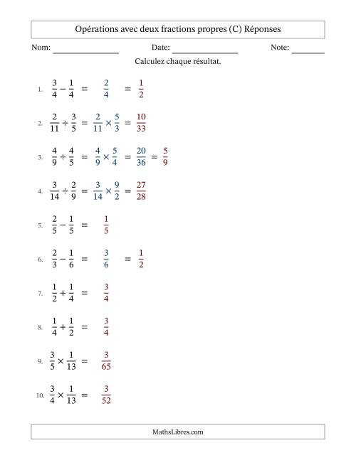 Opérations avec deux fractions propres avec dénominateurs égals, résultats sous fractions propres et quelque simplification (C) page 2