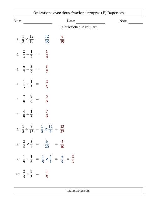 Opérations avec deux fractions propres avec dénominateurs égals, résultats sous fractions propres et quelque simplification (F) page 2