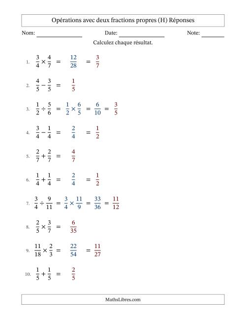 Opérations avec deux fractions propres avec dénominateurs égals, résultats sous fractions propres et quelque simplification (H) page 2