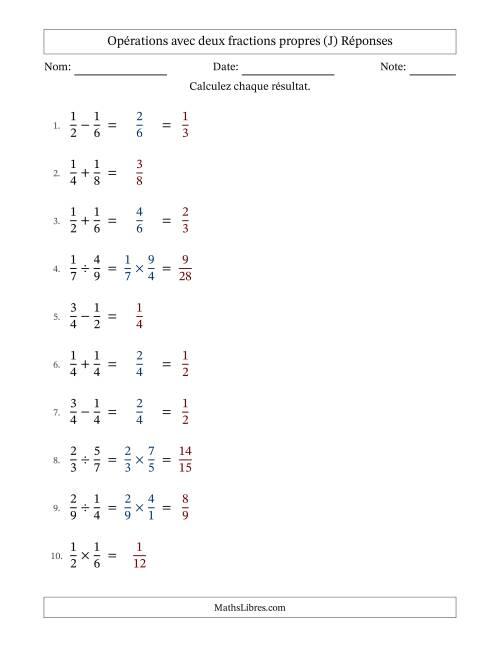 Opérations avec deux fractions propres avec dénominateurs égals, résultats sous fractions propres et quelque simplification (J) page 2