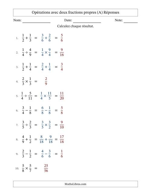 Opérations avec deux fractions propres avec dénominateurs similaires, résultats sous fractions propres et sans simplification (A) page 2