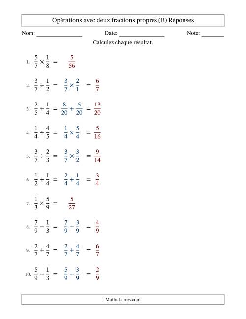 Opérations avec deux fractions propres avec dénominateurs similaires, résultats sous fractions propres et sans simplification (B) page 2