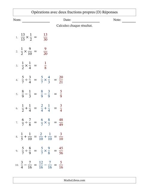 Opérations avec deux fractions propres avec dénominateurs similaires, résultats sous fractions propres et sans simplification (D) page 2