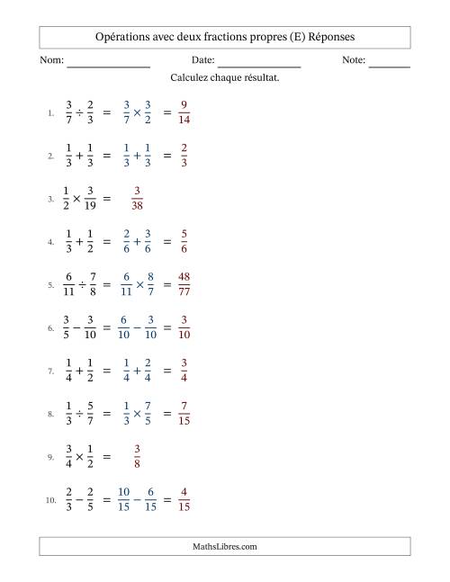 Opérations avec deux fractions propres avec dénominateurs similaires, résultats sous fractions propres et sans simplification (E) page 2