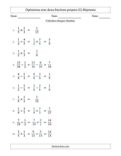 Opérations avec deux fractions propres avec dénominateurs similaires, résultats sous fractions propres et sans simplification (G) page 2